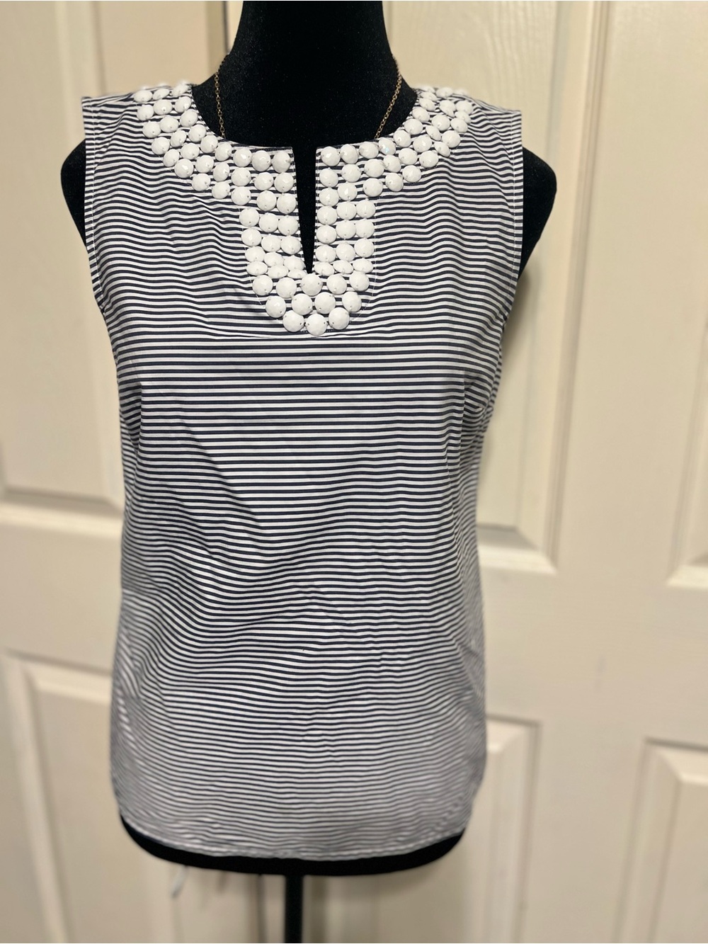 Talbots Navy and White Striped Sleeveless Top with Beaded Collar